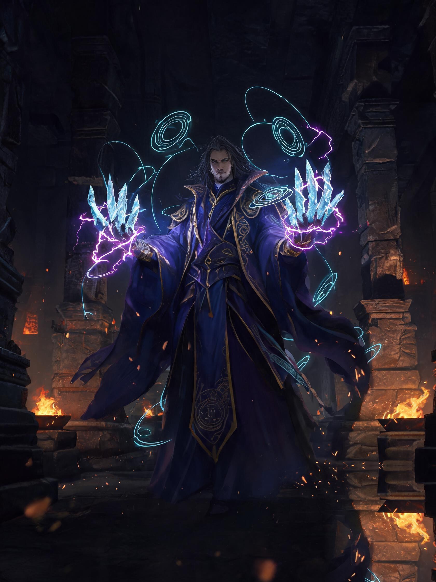 法师：蓝袍术士施展冰雷法术