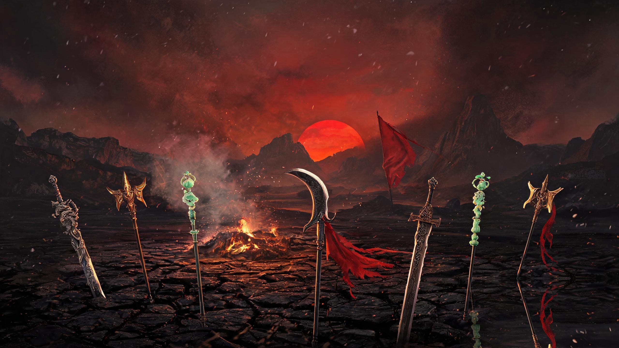 战后神器冢：神兵插满焦土，篝火未熄，残阳如血